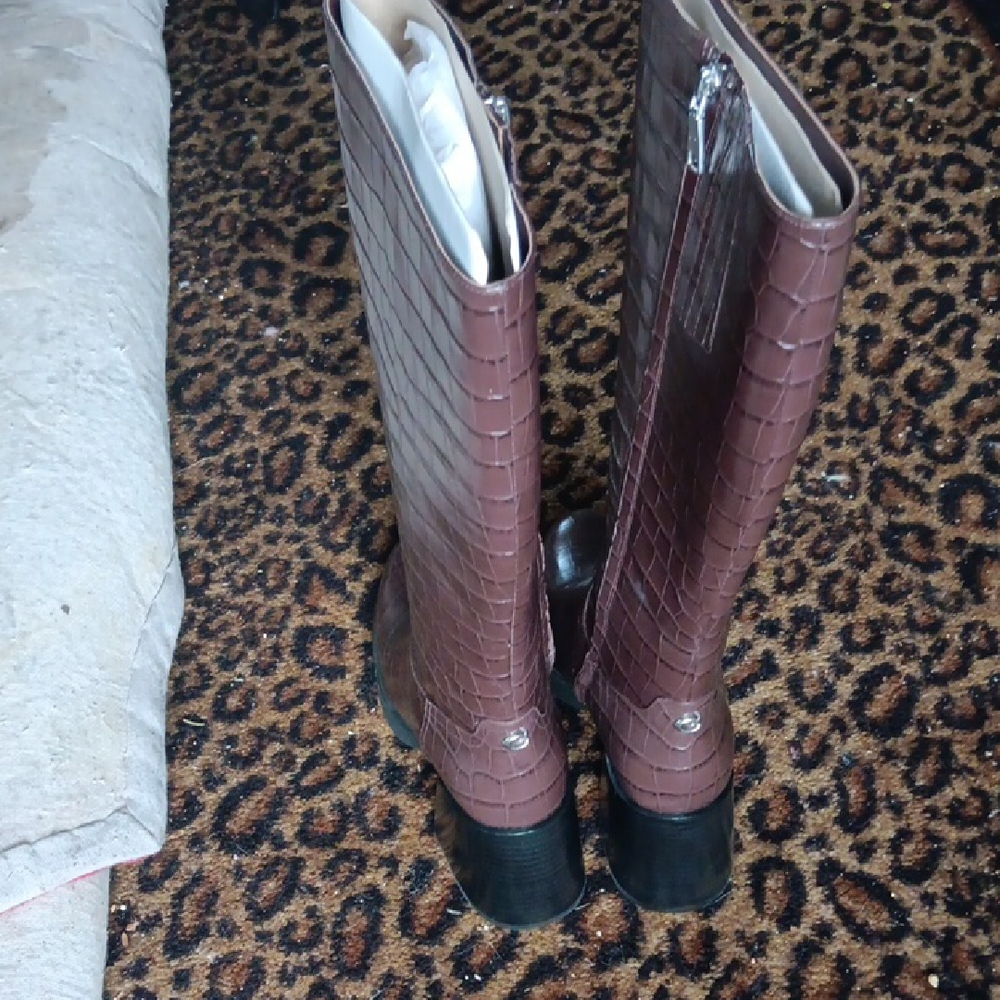 Coach Dark Brown Croc-Embossed Heeled Boots - Picture 2 of 8